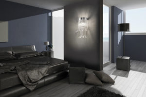 Modern Bed Room with black bed and dark pillows - Murano italian glass